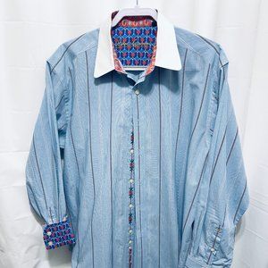 Robert Graham Men’s Flip Cuff Shirt, Sz XL, Blue striped